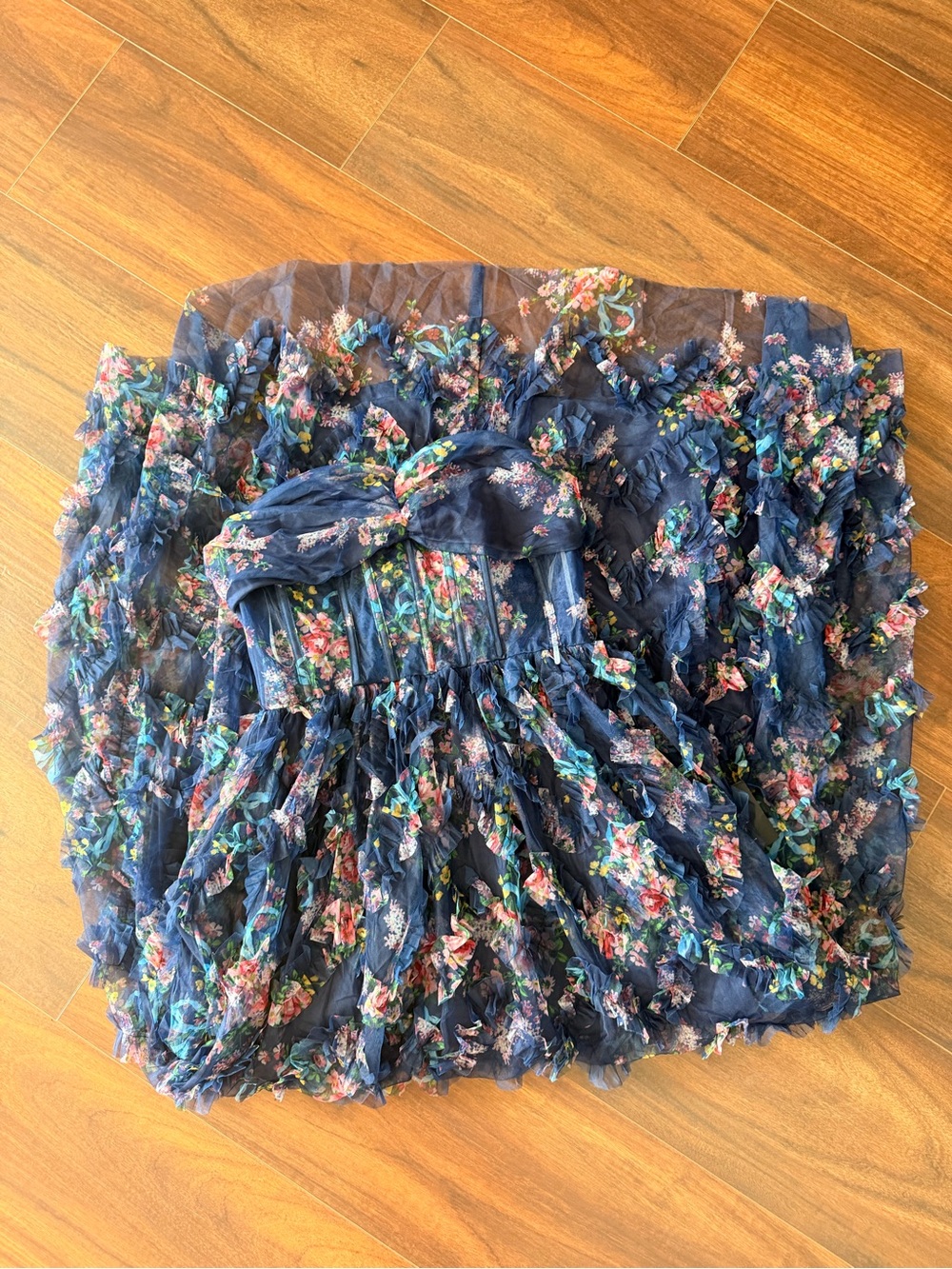 NWT Lulus Stunning Element Navy Floral Mesh Ruffled Strapless Maxi Dress - Picture 3 of 4